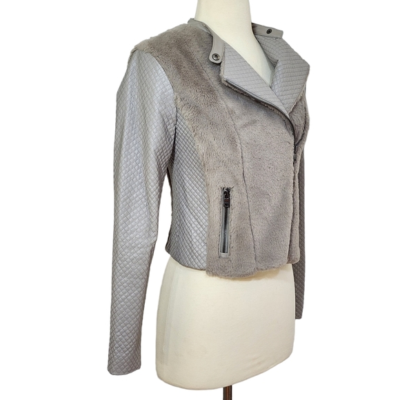 Armani Exchange Faux Fur & Leather Moto Jacket in Taupe Gray Womens Size XS - Picture 7 of 12